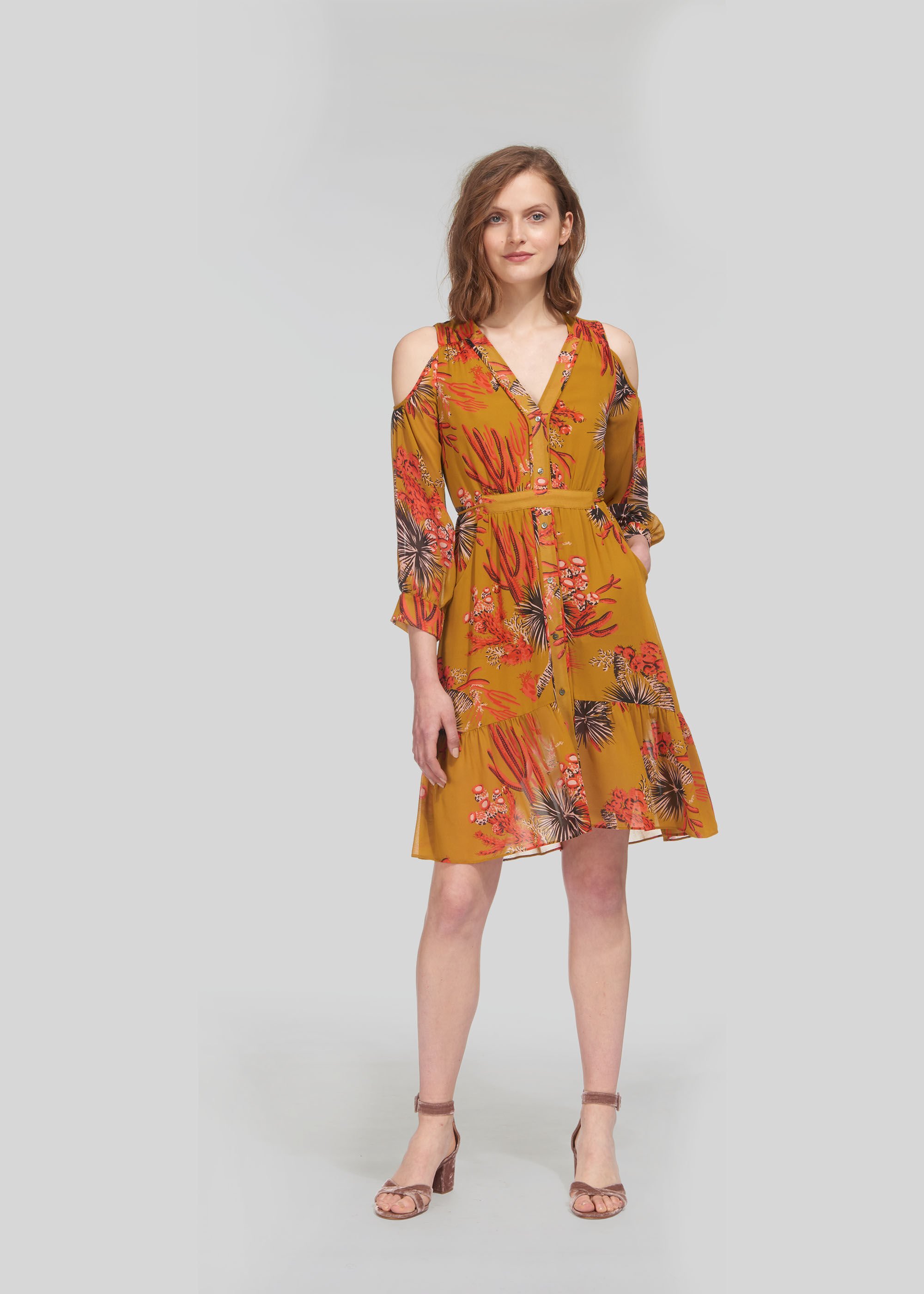 Cactus Cold Shoulder Dress Gold Multi WHISTLES Whistles UK