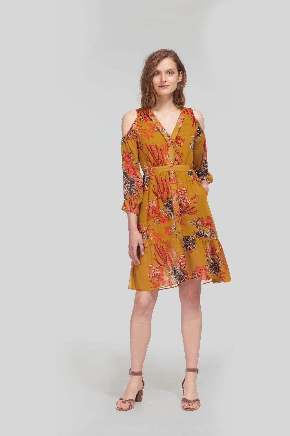 Cactus Cold Shoulder Dress Gold/Multi