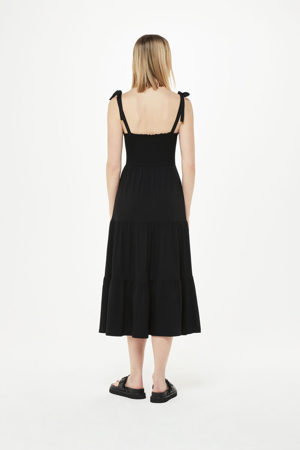 Black Smocked Tiered Jersey Dress