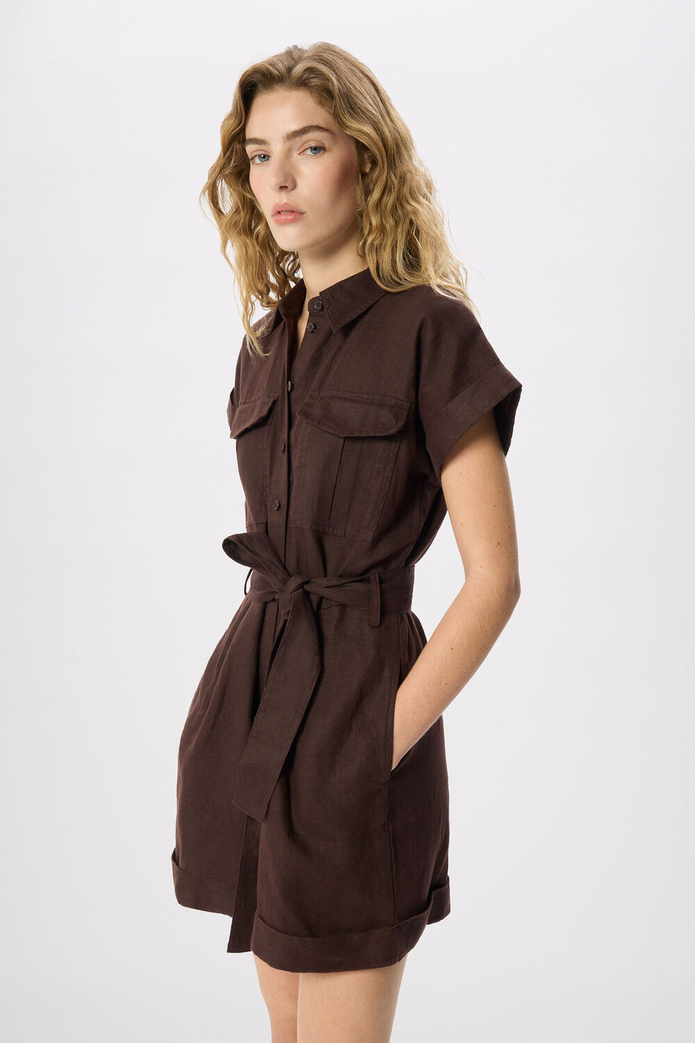Chocolate Pocket Detail Linen Playsuit