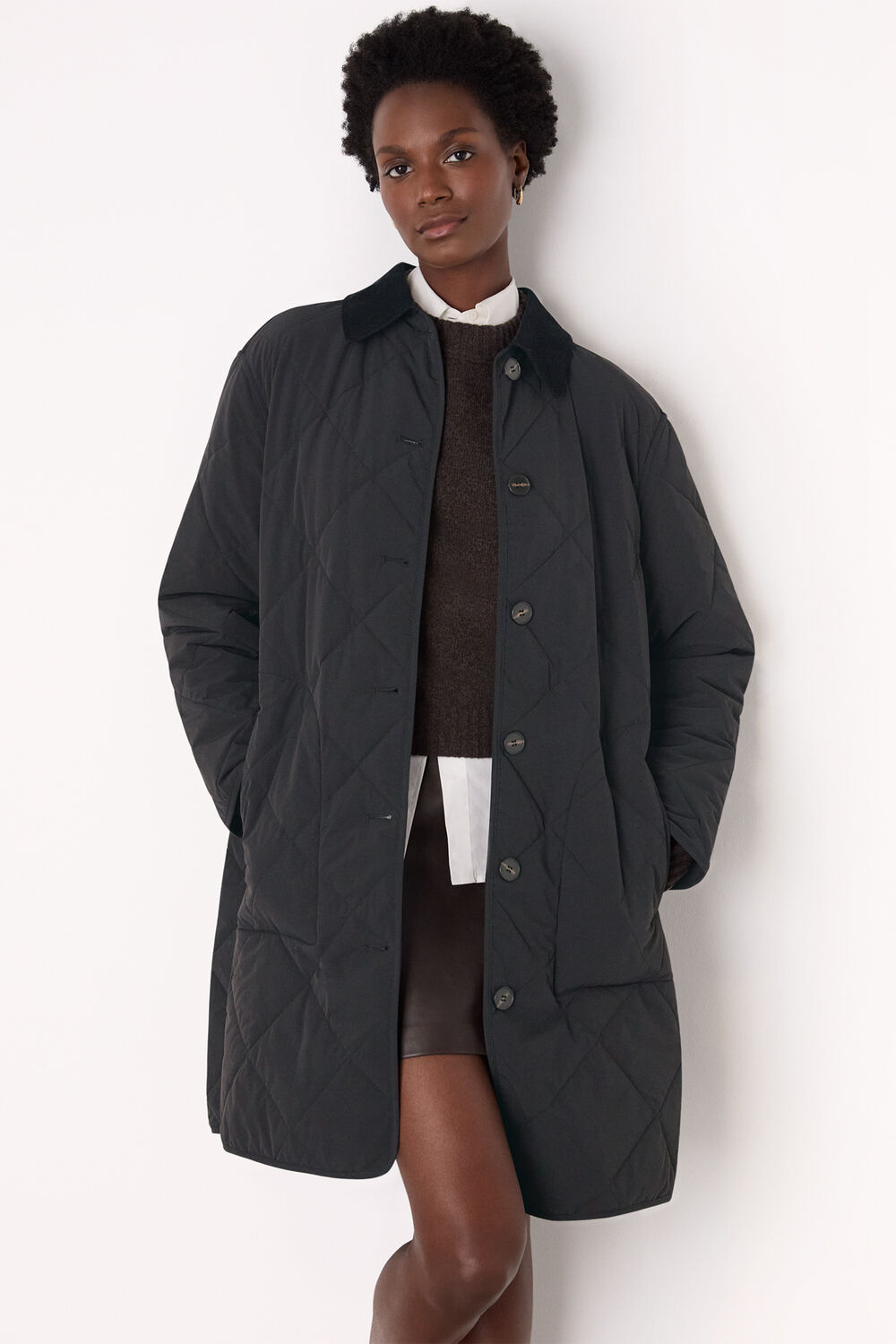 Black Quilted Cord Collar Coat
