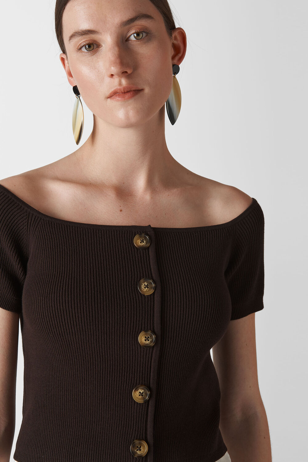 Button Front Rib Knit Brown