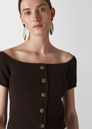 Button Front Rib Knit Brown