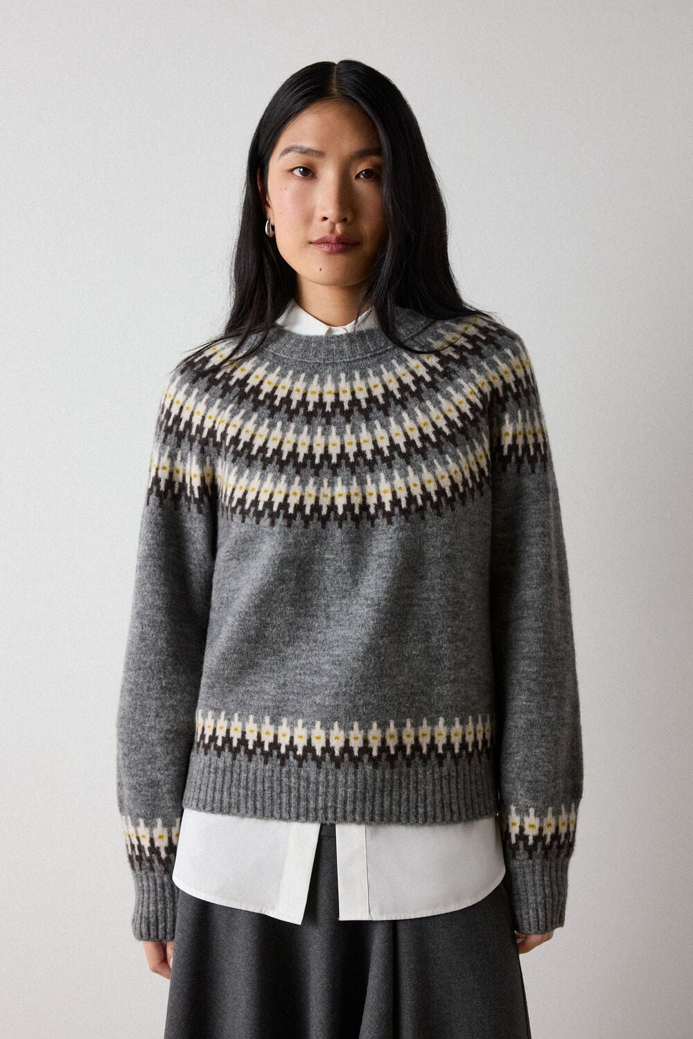 Grey Wool Mix Fairisle Detail Knit