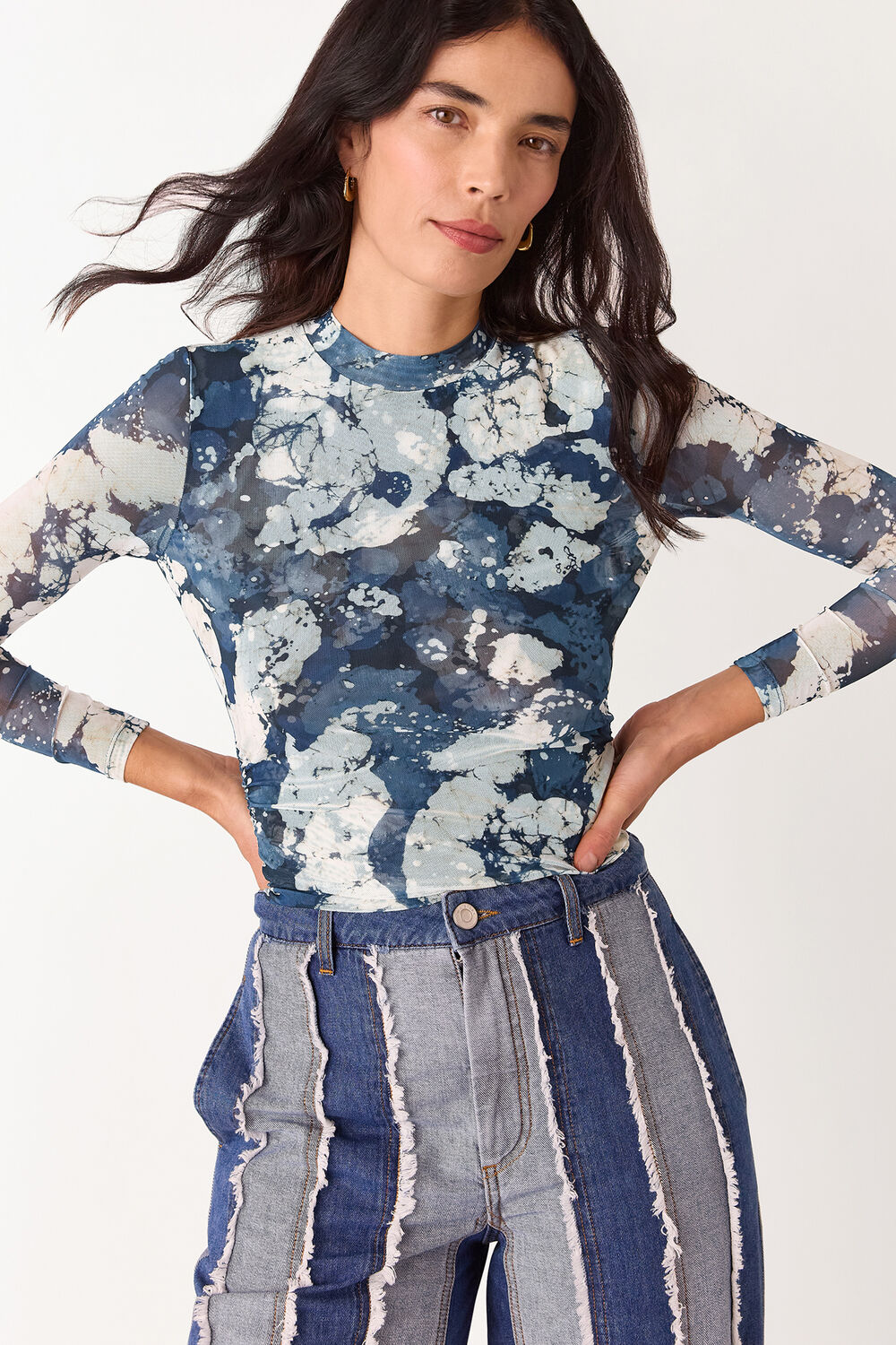 Blue Batik Marble Gathered Mesh Top