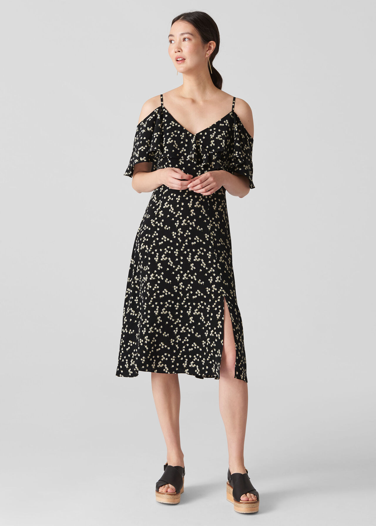 Daisy Print Frill Dress Black Multi Whistles Whistles
