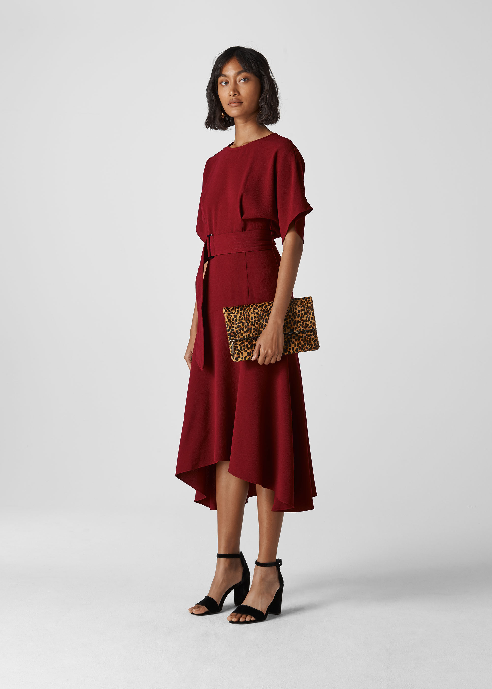 Burgundy Textured Belted Midi Dress WHISTLES