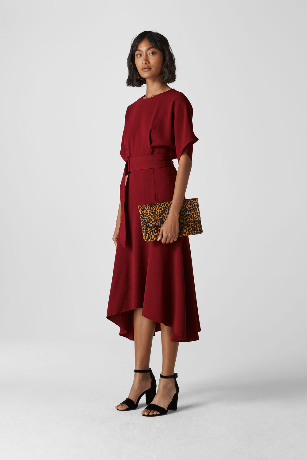 Textured Belted Midi Dress Burgundy