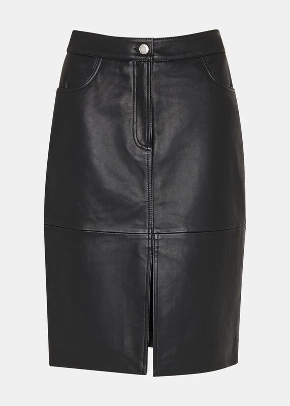 Black Leather Front Split Midi Skirt