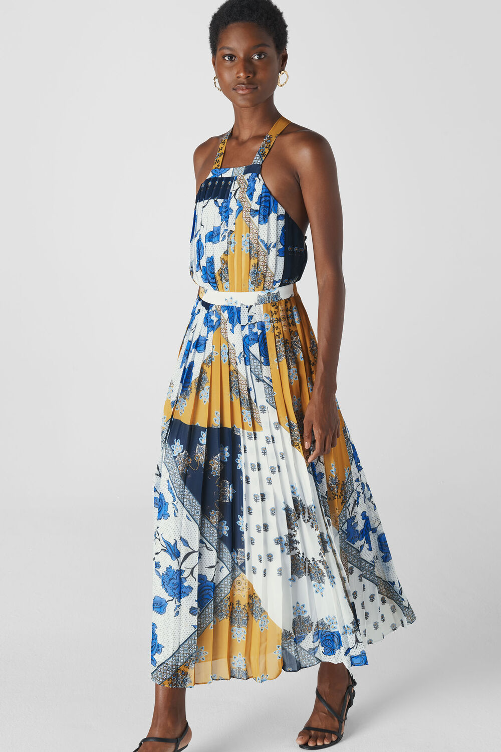 Patchwork Scarf Pleated Dress Blue/Multi