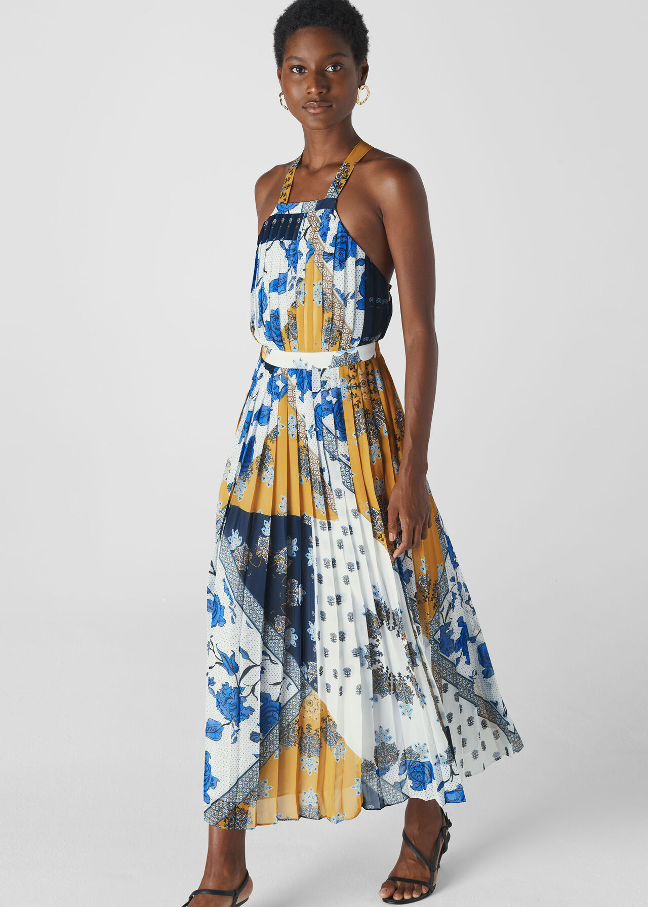 Patchwork Scarf Pleated Dress Blue/Multi
