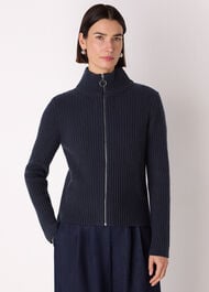 Wool Zip Front Rib Cardigan