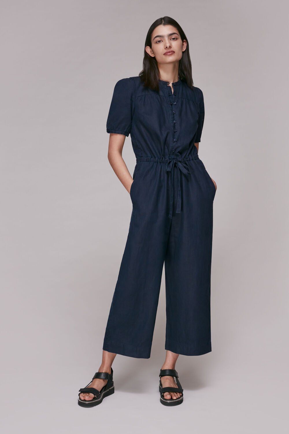 Button Front Linen Jumpsuit