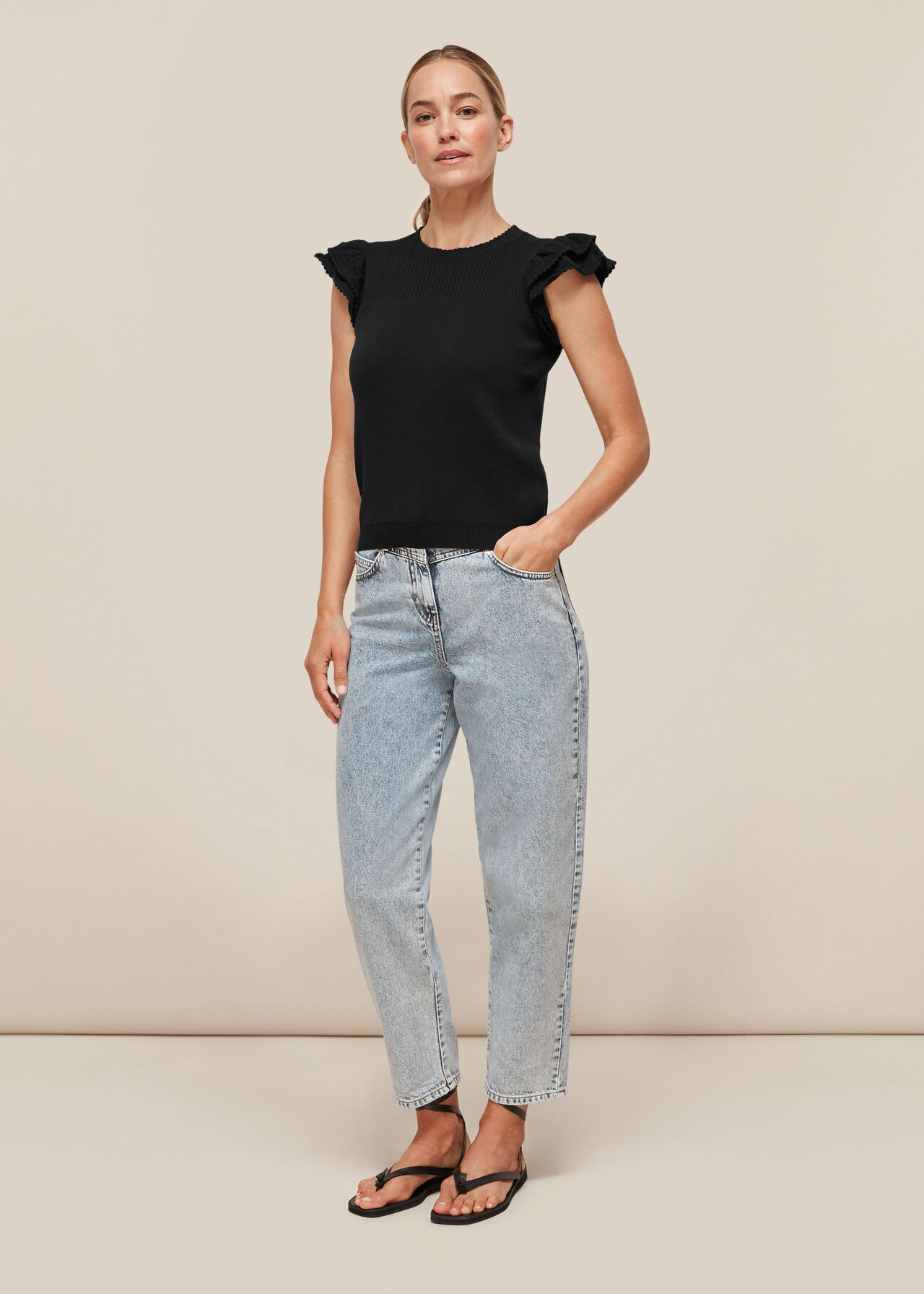 Pointelle Frill Sleeve Top Black