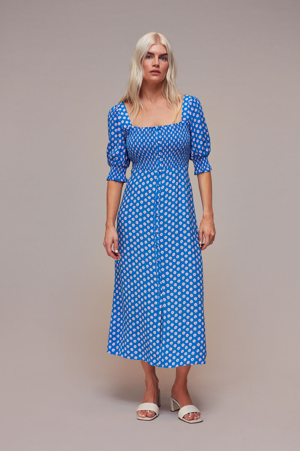 Blue Petite Floral Sunburst Shirred Dress