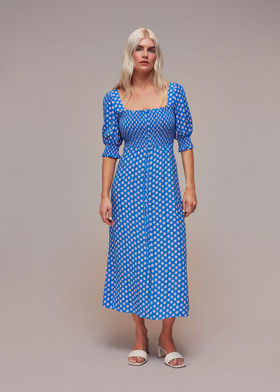 Blue Petite Floral Sunburst Shirred Dress