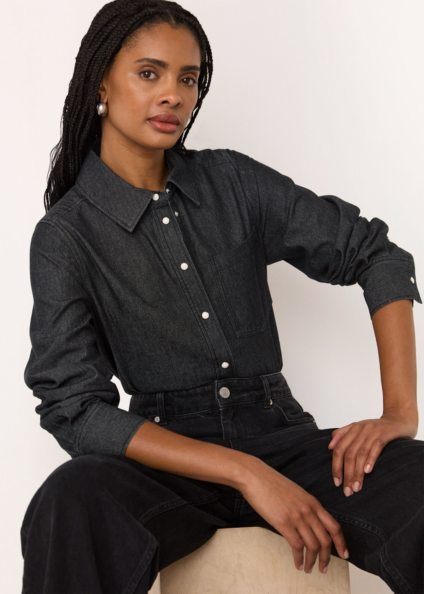 Washed Black Pocket Detail Cotton Shirt | WHISTLES | Whistles UK |