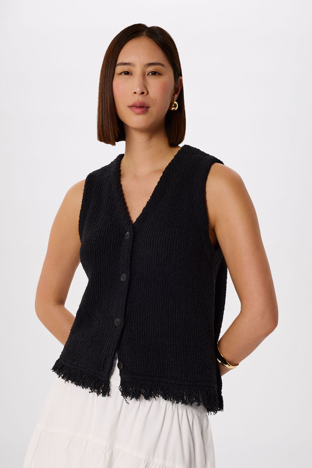 Black Cotton Boucle Fringe Tank