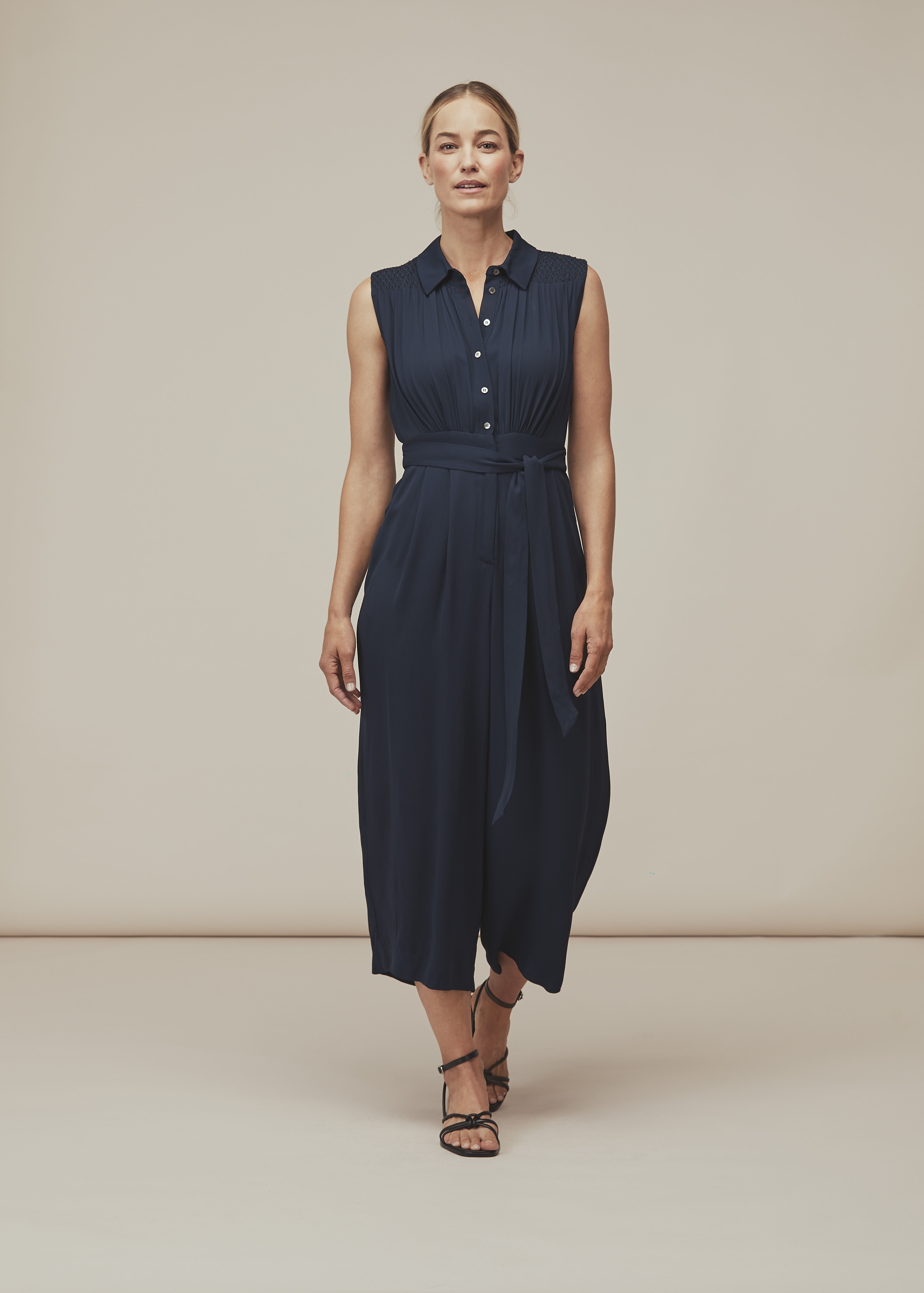 Navy Smocked Detail Zora Jumpsuit WHISTLES