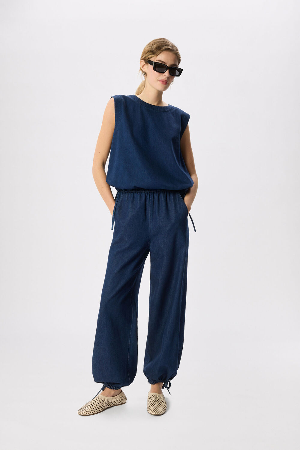 Dark Denim Drawstring Detail Cotton Top