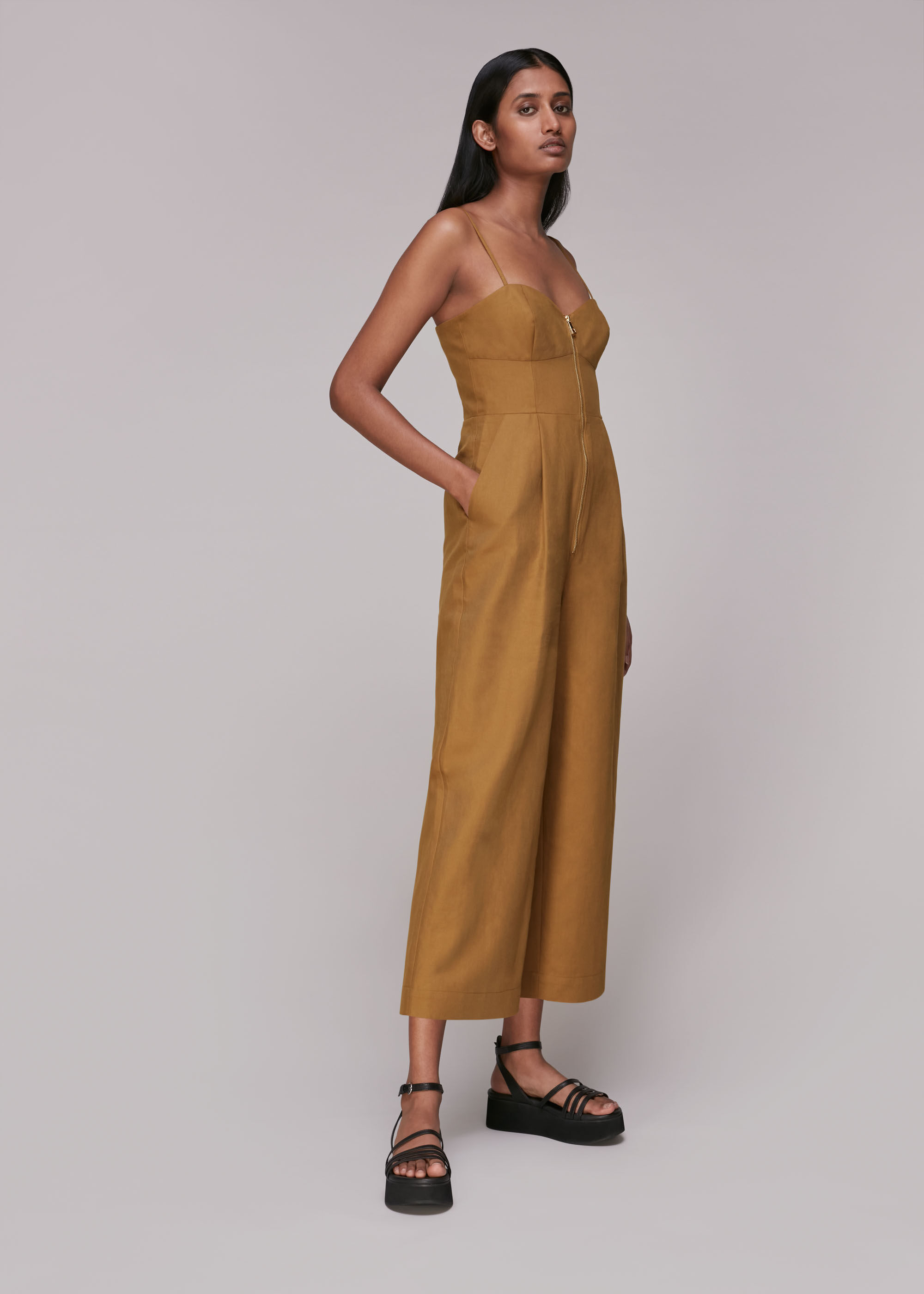 Khaki shop linen jumpsuit