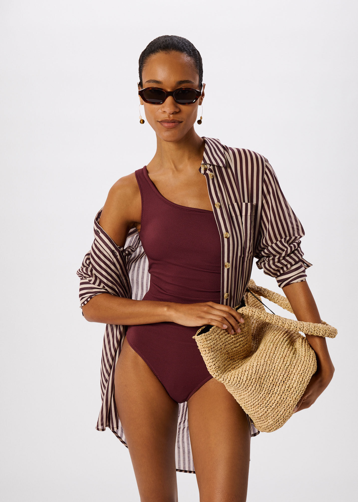 Plum Textured One Shoulder Swimsuit | WHISTLES | Whistles UK |