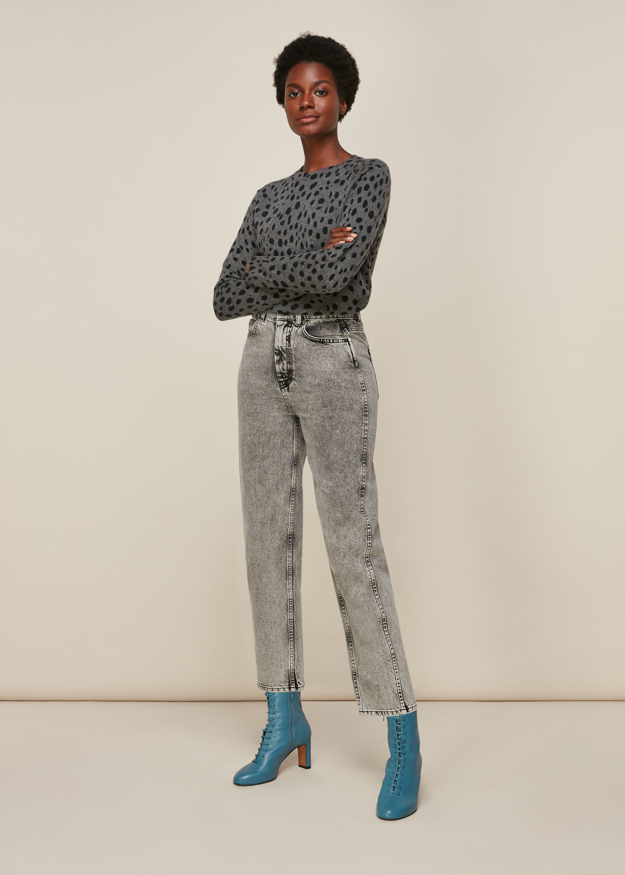 Grey Multi Cashmere Dalmatian Print Knit WHISTLES