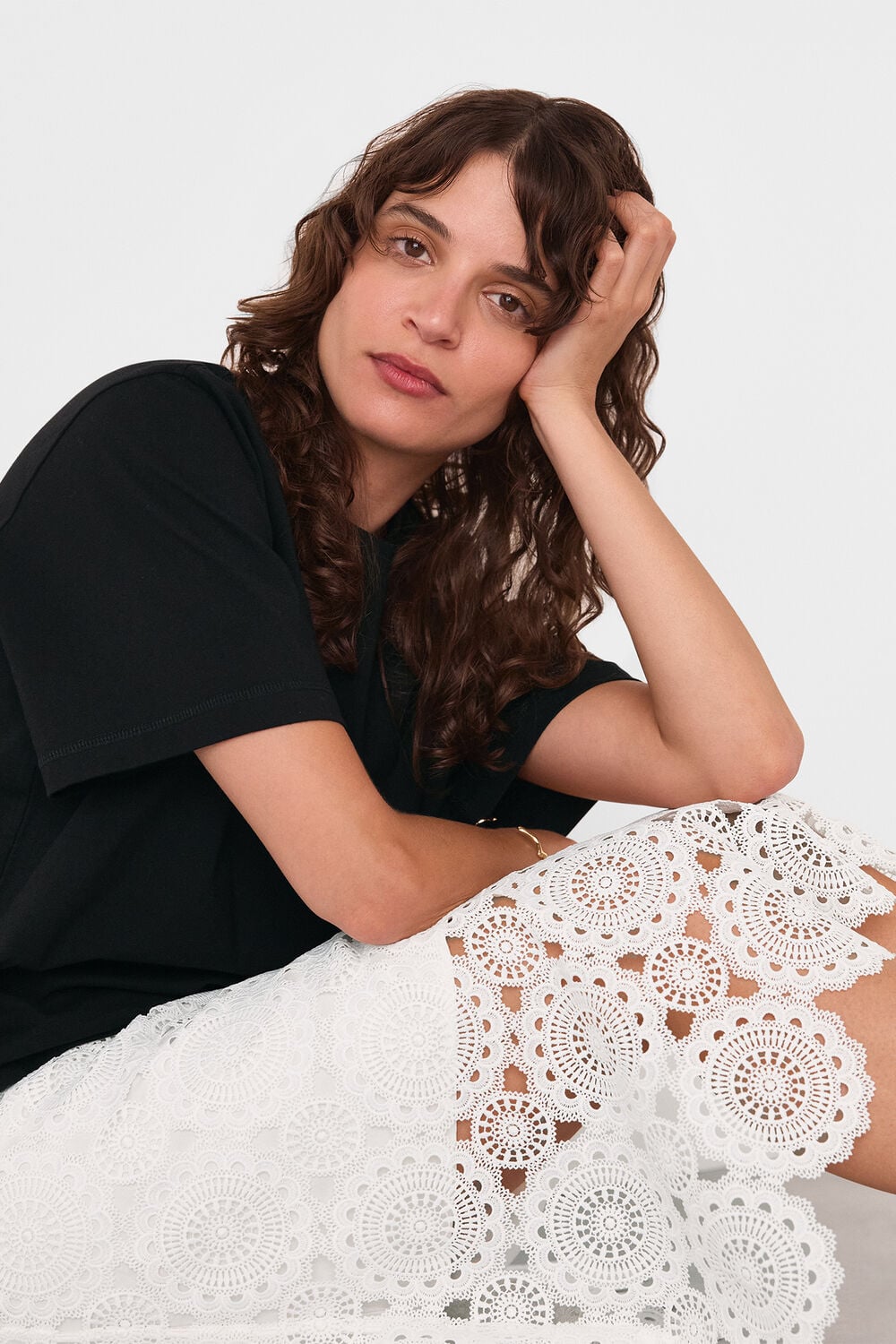 White Lace Column Midi Skirt
