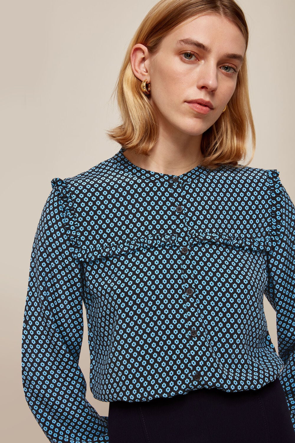 Daisy Print Frill Blouse Blue/Multi