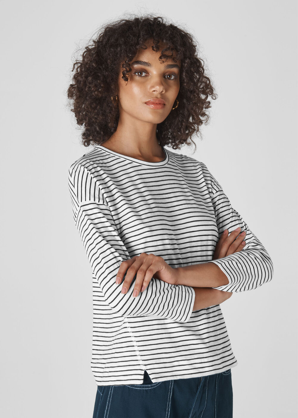 Stripe Cotton Crew Neck Black and White