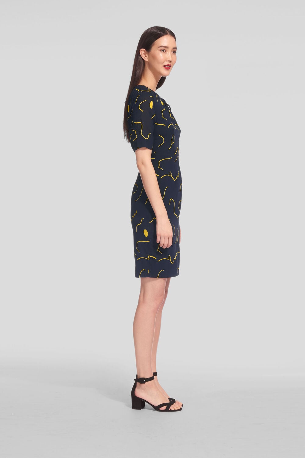 Magnolia Tie Neck Silk Bodycon Navy/Multi