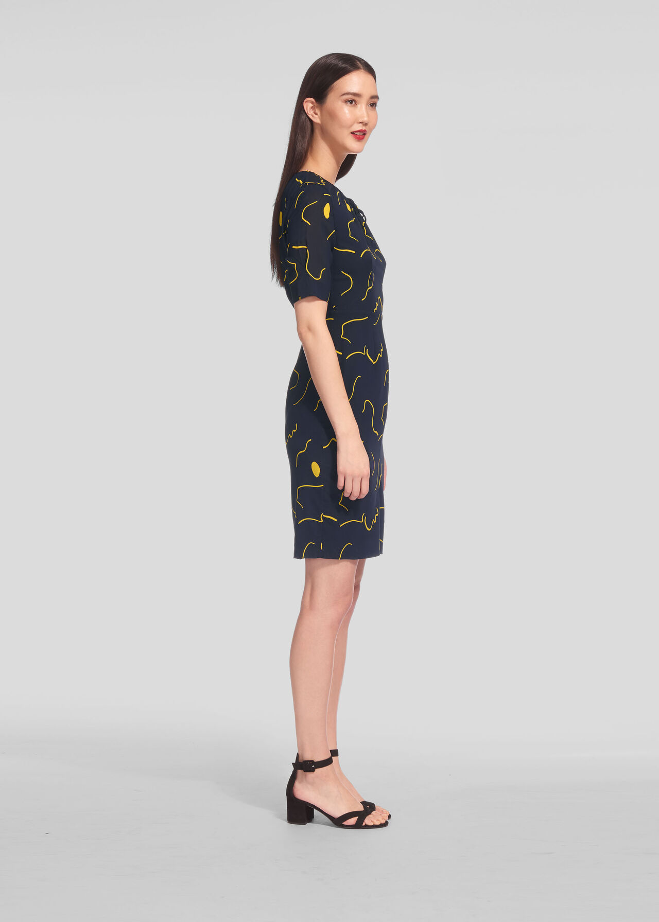 Magnolia Tie Neck Silk Bodycon Navy/Multi