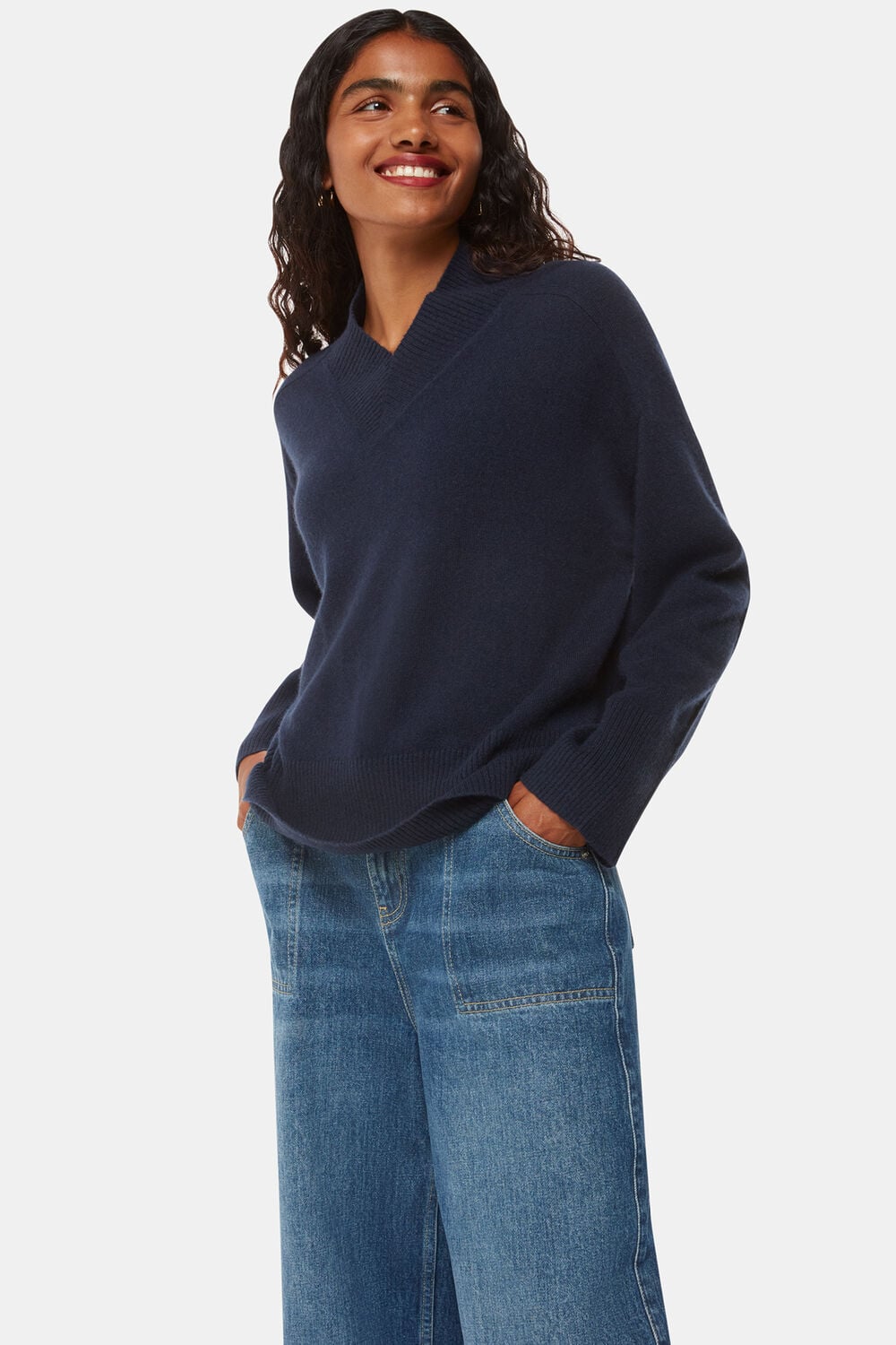 Navy Petite Cashmere V Neck Knit