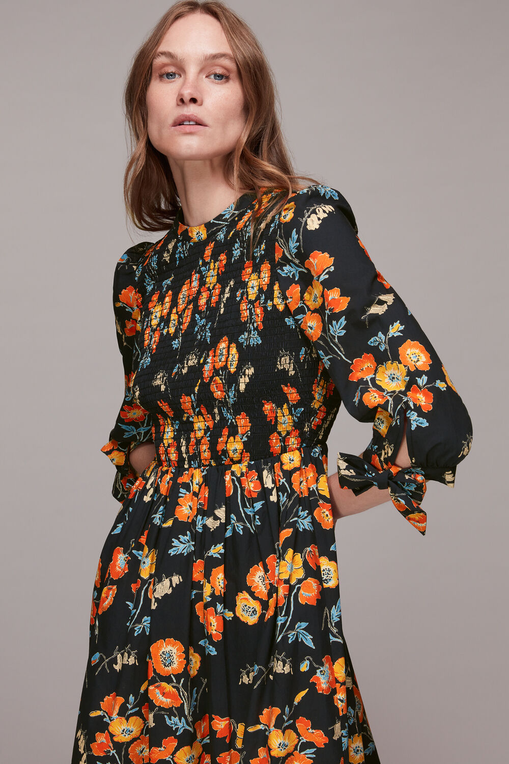 Shirred Floral Midi Dress