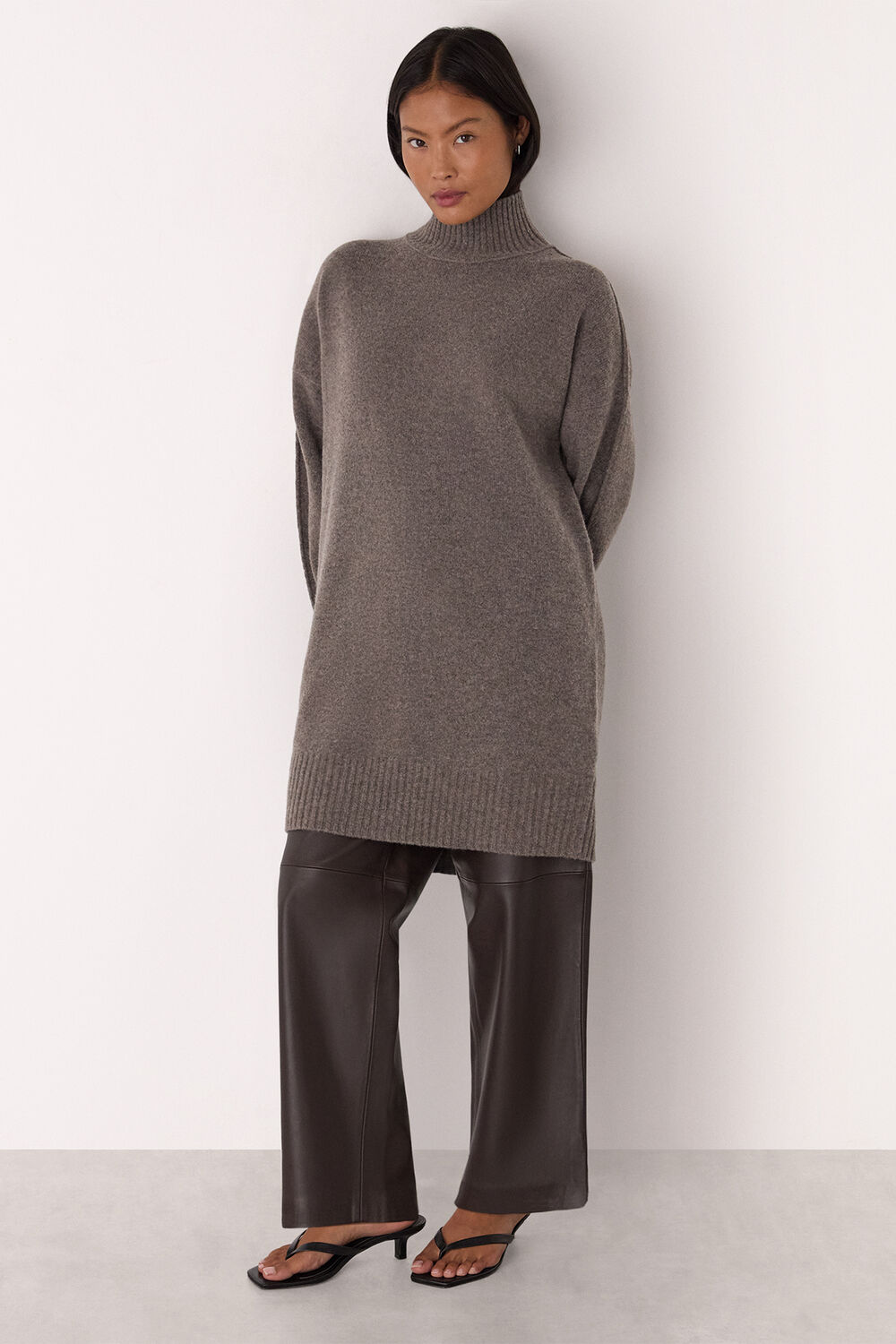Taupe Petite Funnel Neck Wool Mini Dress