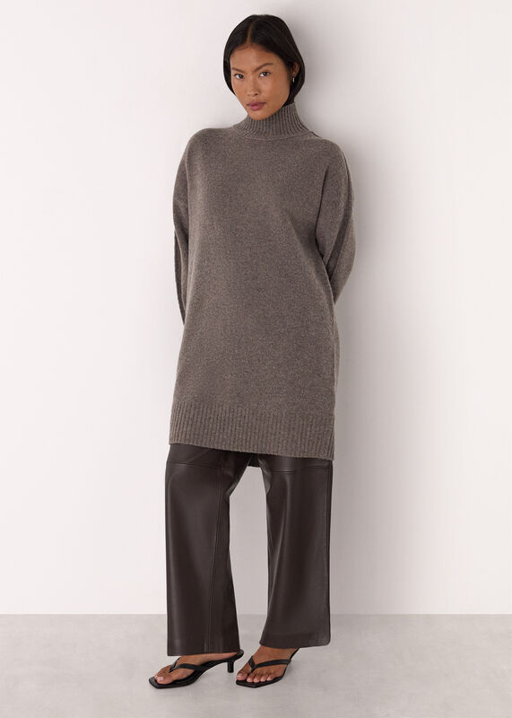 Taupe Petite Funnel Neck Wool Mini Dress