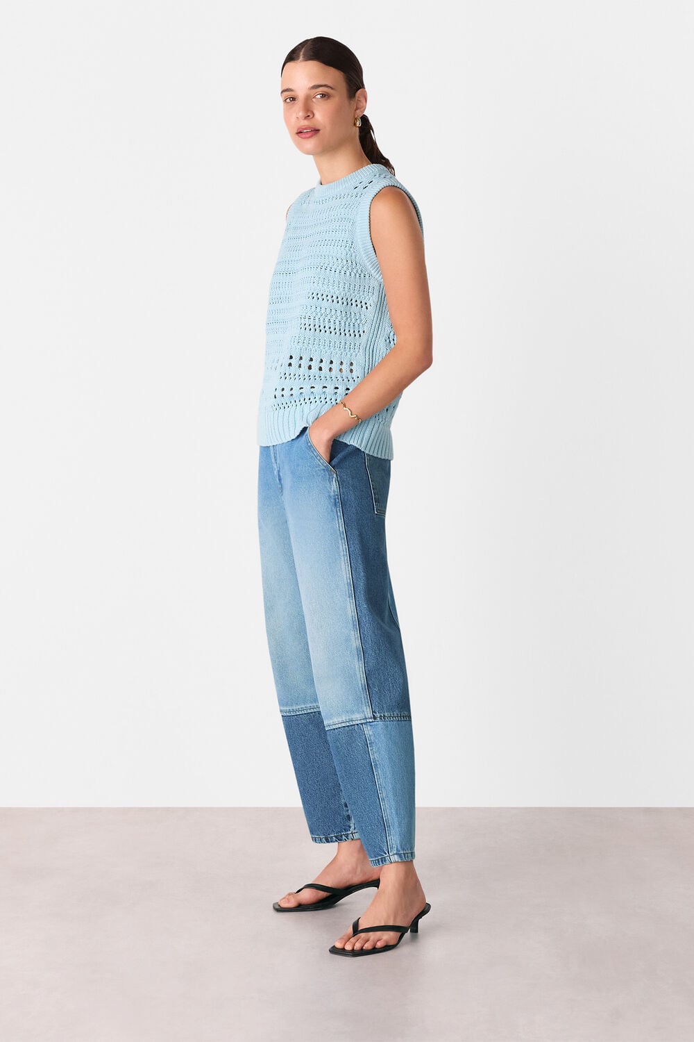 Denim Patchwork Barrel Leg Jean