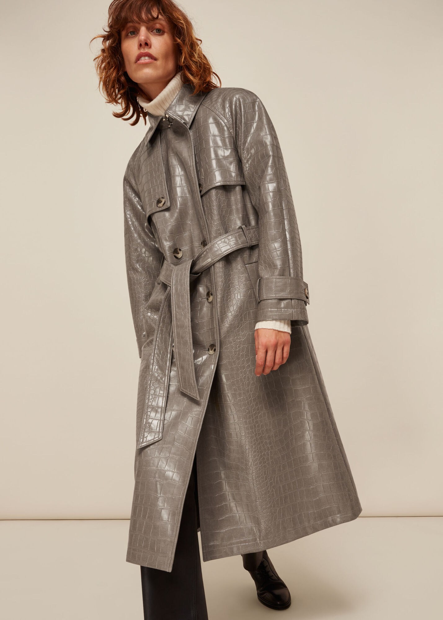 Grey Croc Belted Trench Coat WHISTLES