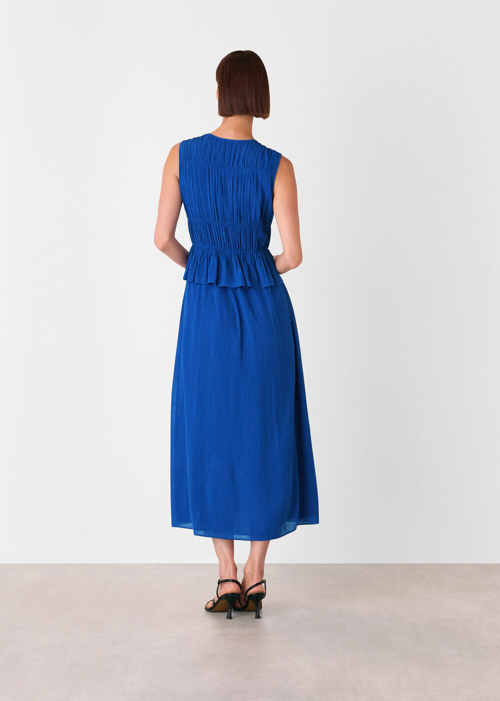 Shirred V Neck Midi Dress