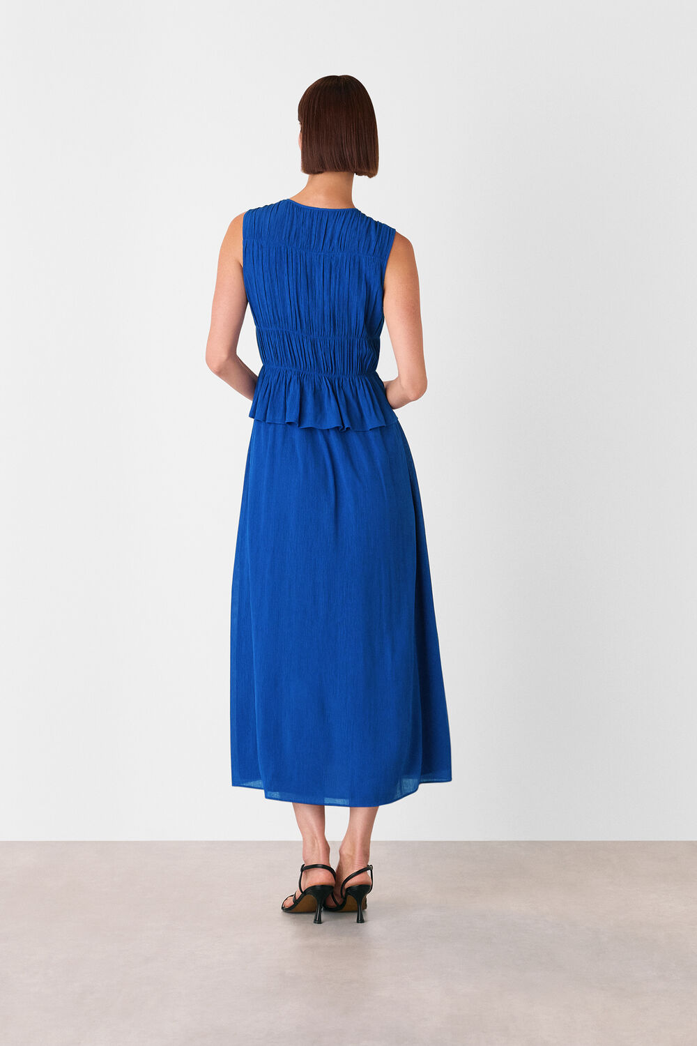 Cobalt Blue Shirred V Neck Midi Dress