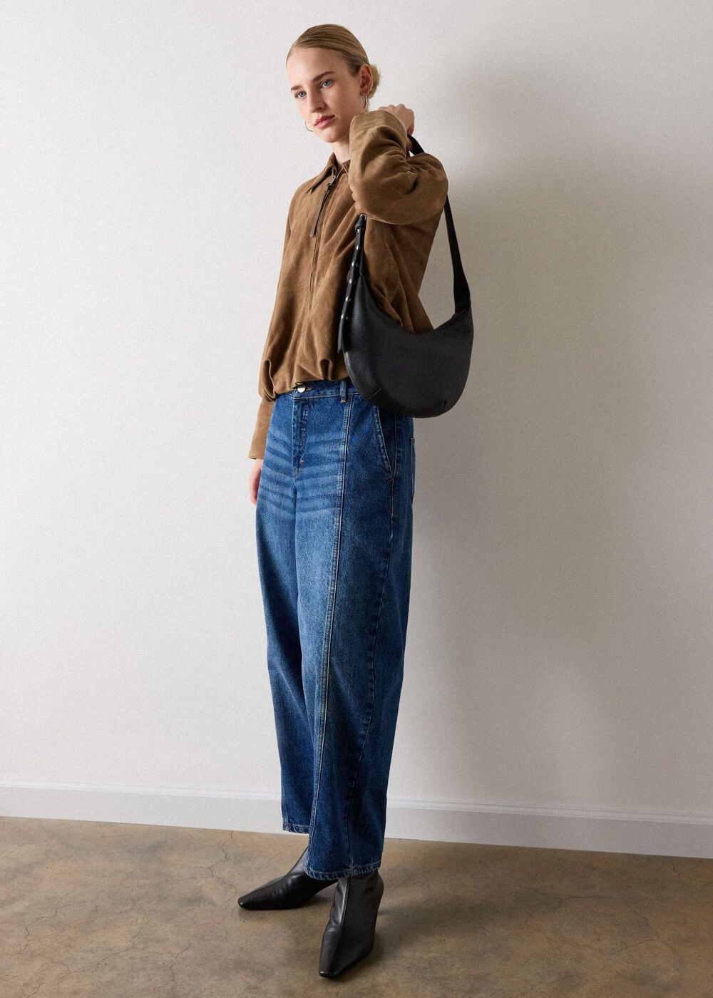 Taupe Gathered Suede Zip Jacket