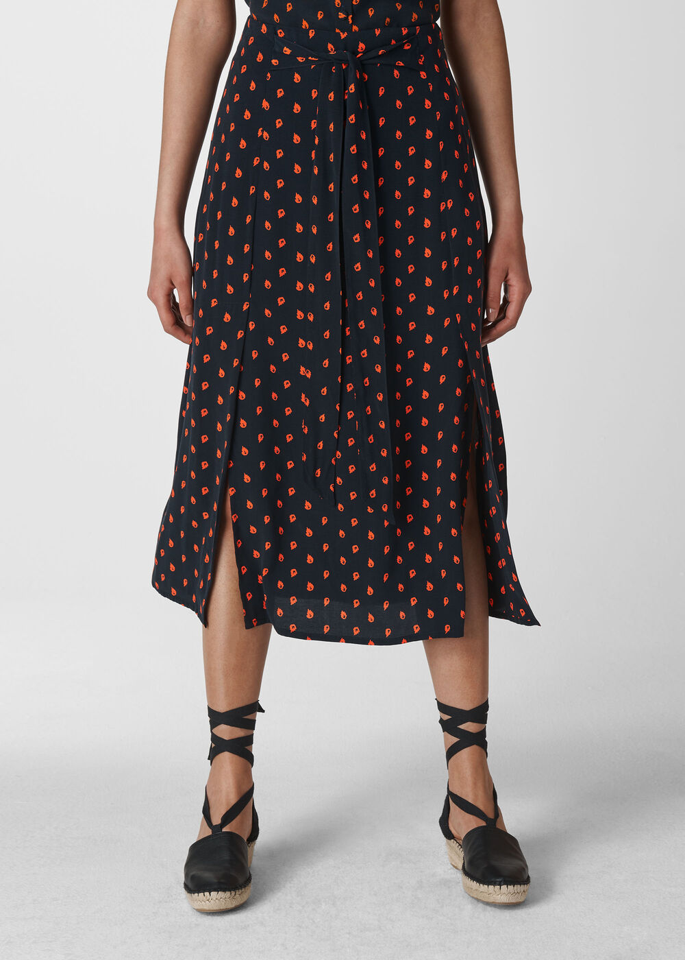 Scattered Leaf Tie Front Skirt Navy/Multi