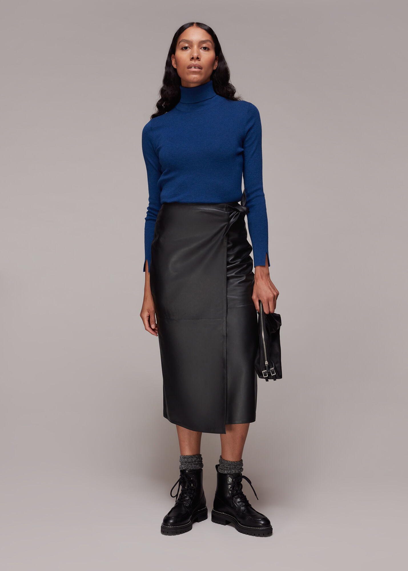 Black Tie Side Leather Skirt WHISTLES