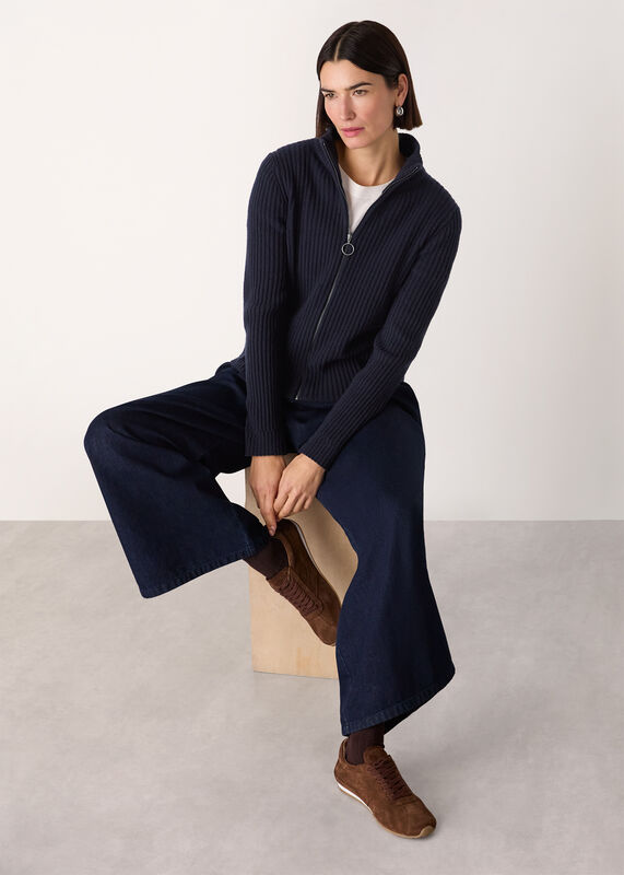 Navy Wool Zip Front Rib Cardigan