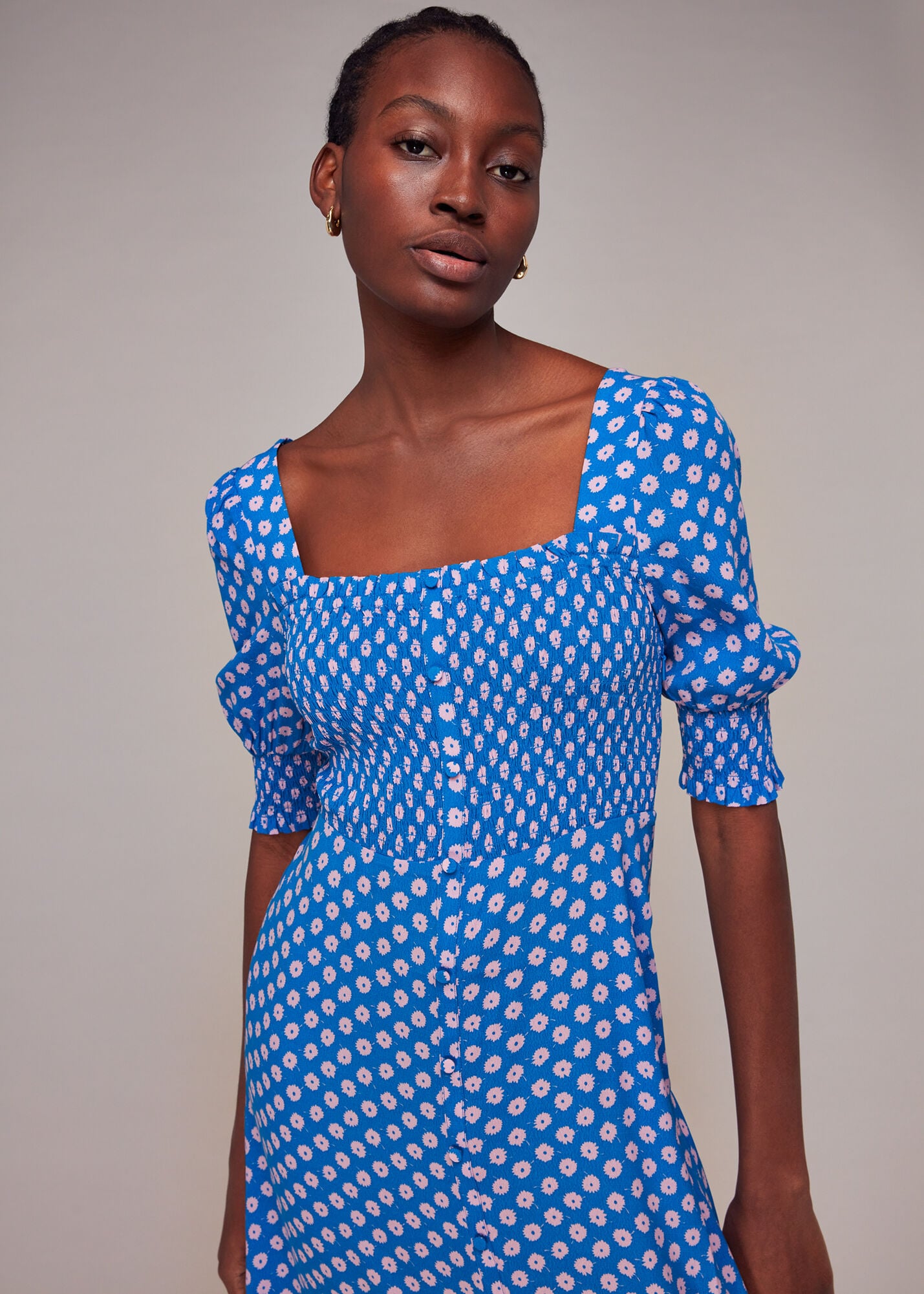 Blue/Multi Floral Sunburst Shirred Dress | WHISTLES | Whistles US |