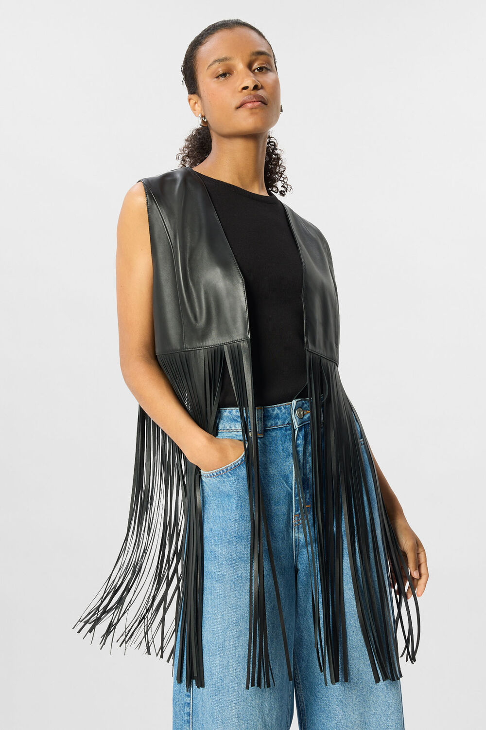 Black Rei Leather Fringed Waistcoat