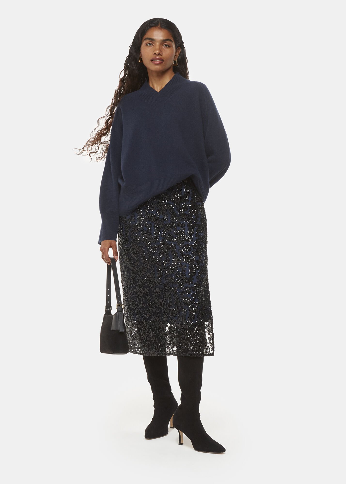 Black Multi Floral Sequin Midi Skirt WHISTLES Whistles US