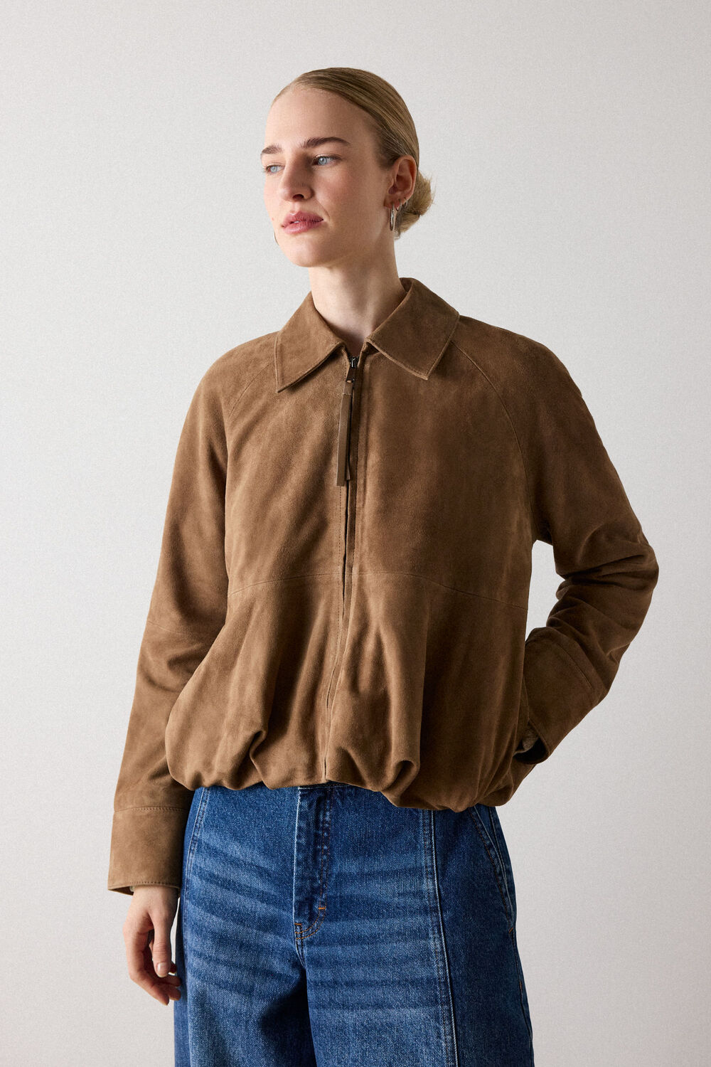 Taupe Gathered Suede Zip Jacket