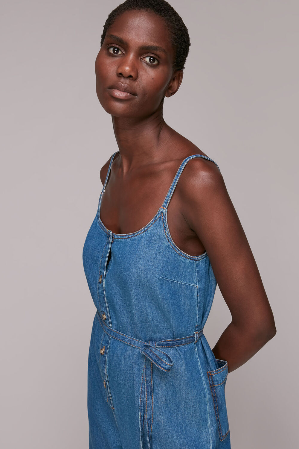 Strappy Button Denim Jumpsuit