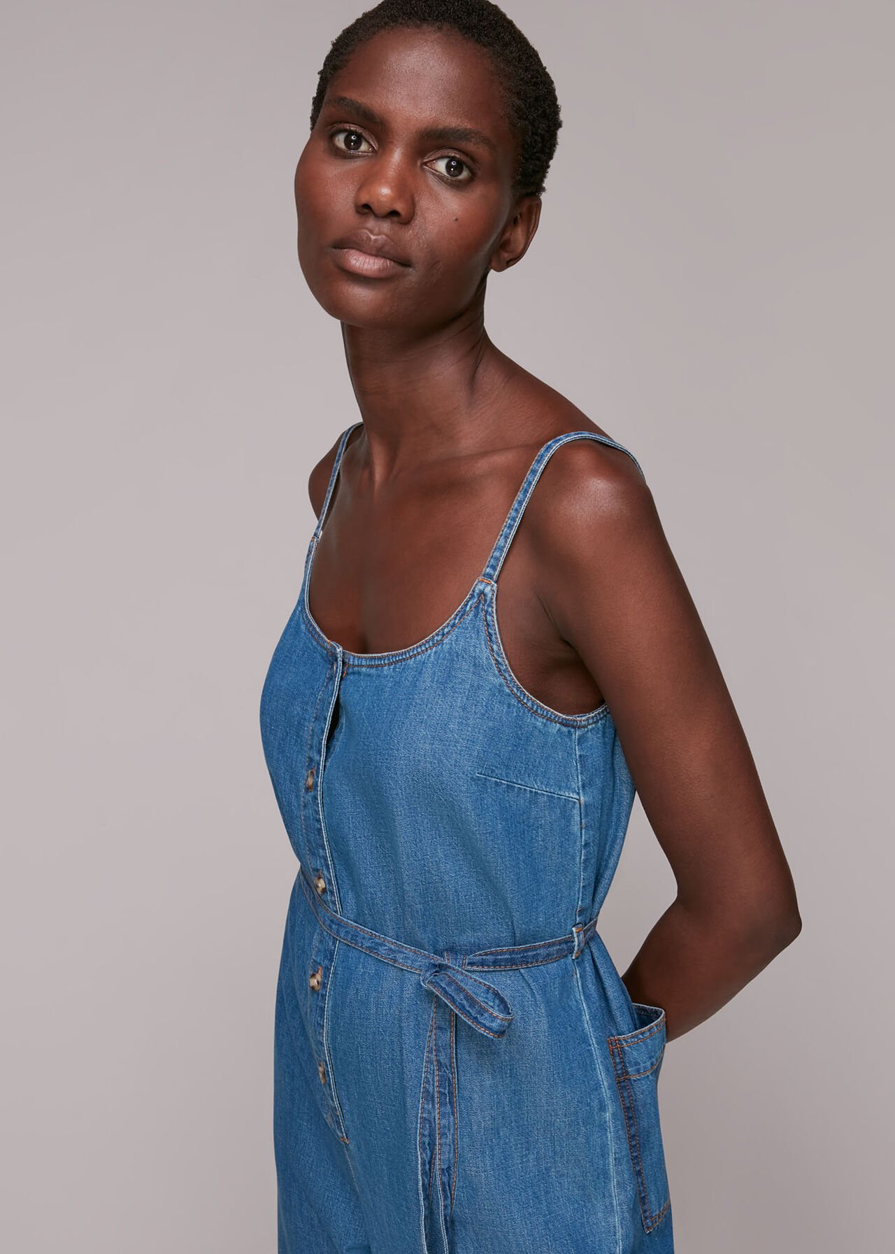 Strappy Button Denim Jumpsuit